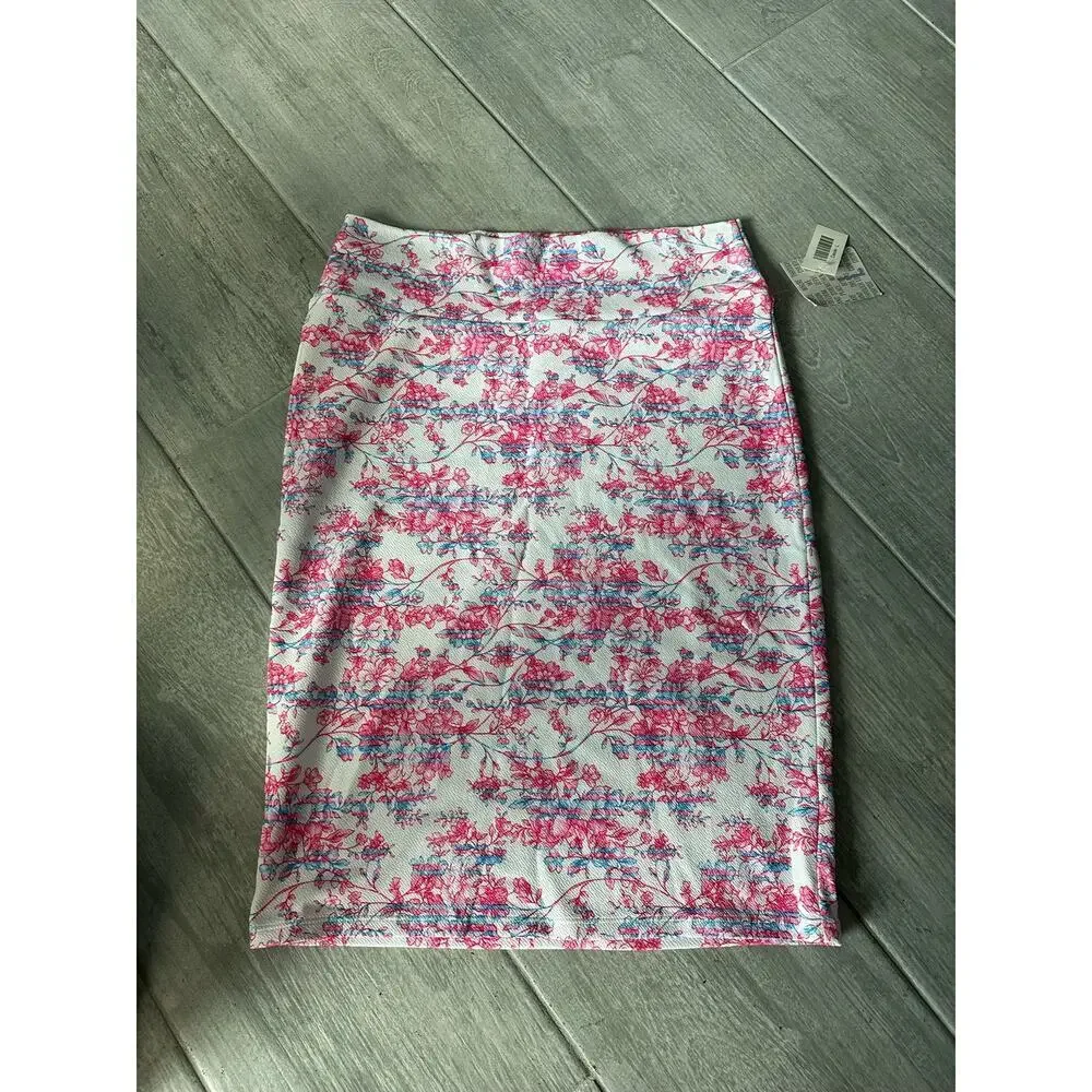 LULAROE Cassie White Blue Pink Flowers Floral Pastel Beauty Skirt Size L - Picture 1 of 2
